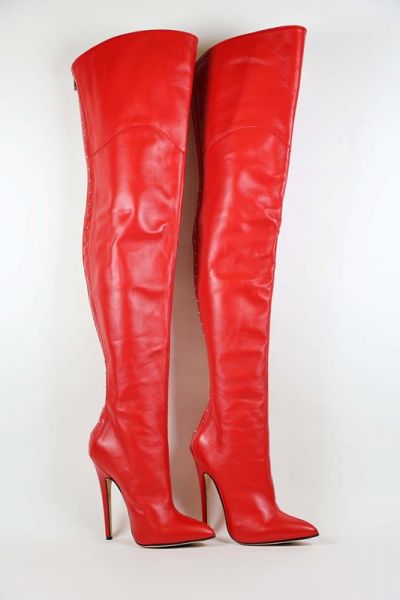 Sehr hohe rote Overknee Lederstiefel mit Stiletto Absatz