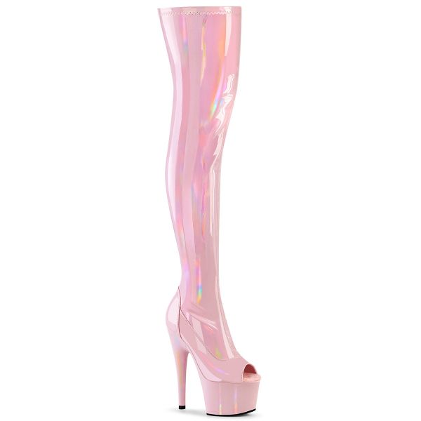 Peep-Toe Overknee Plateau Stiefel ADORE-3011HWR Stretchlack Hologramm baby pink